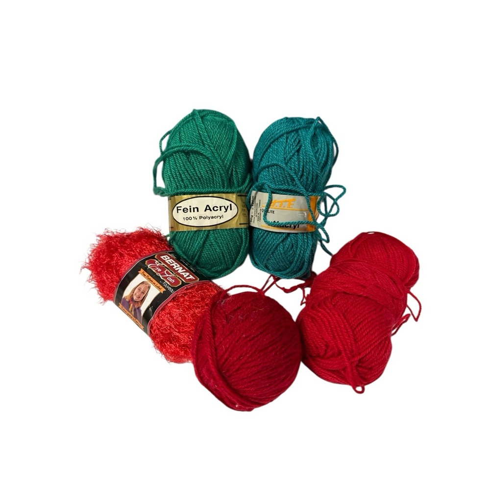 Skeins Vintage LOT Of YARN Teal Green‎ Polyacryl + Bernat Eye Lash Lipstick Red
